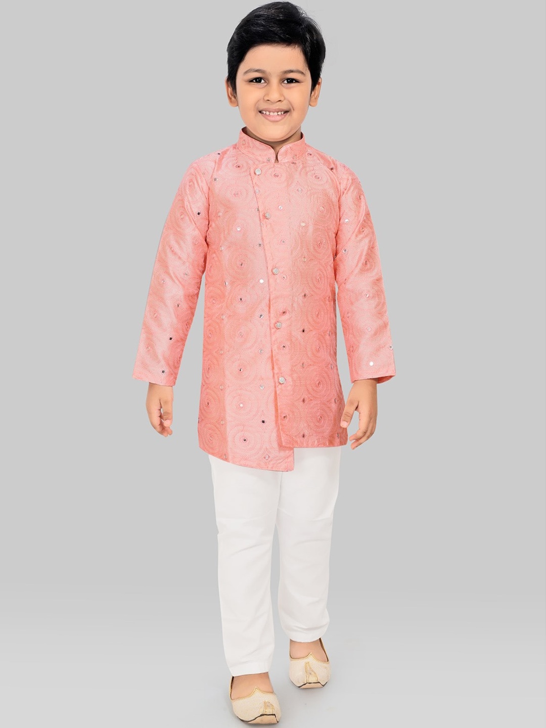 

SALWAR STUDIO Boys Pink Embroidered Angrakha Kurti with Trousers