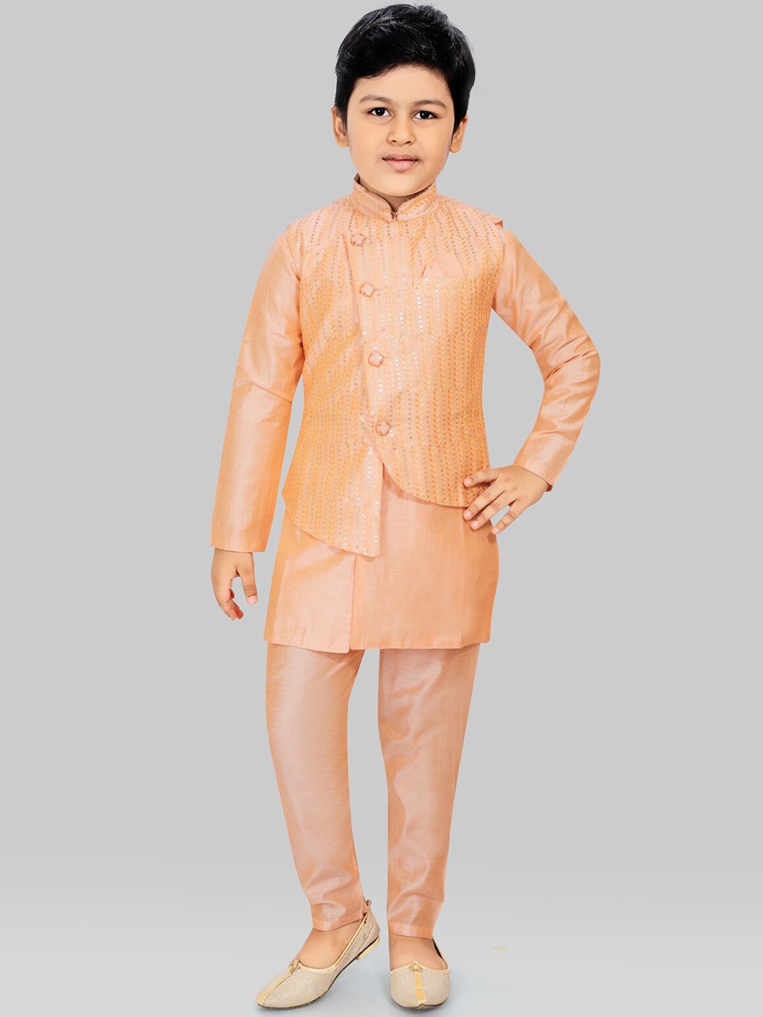 

SALWAR STUDIO Boys Peach-Coloured Layered Kurti with Pyjamas