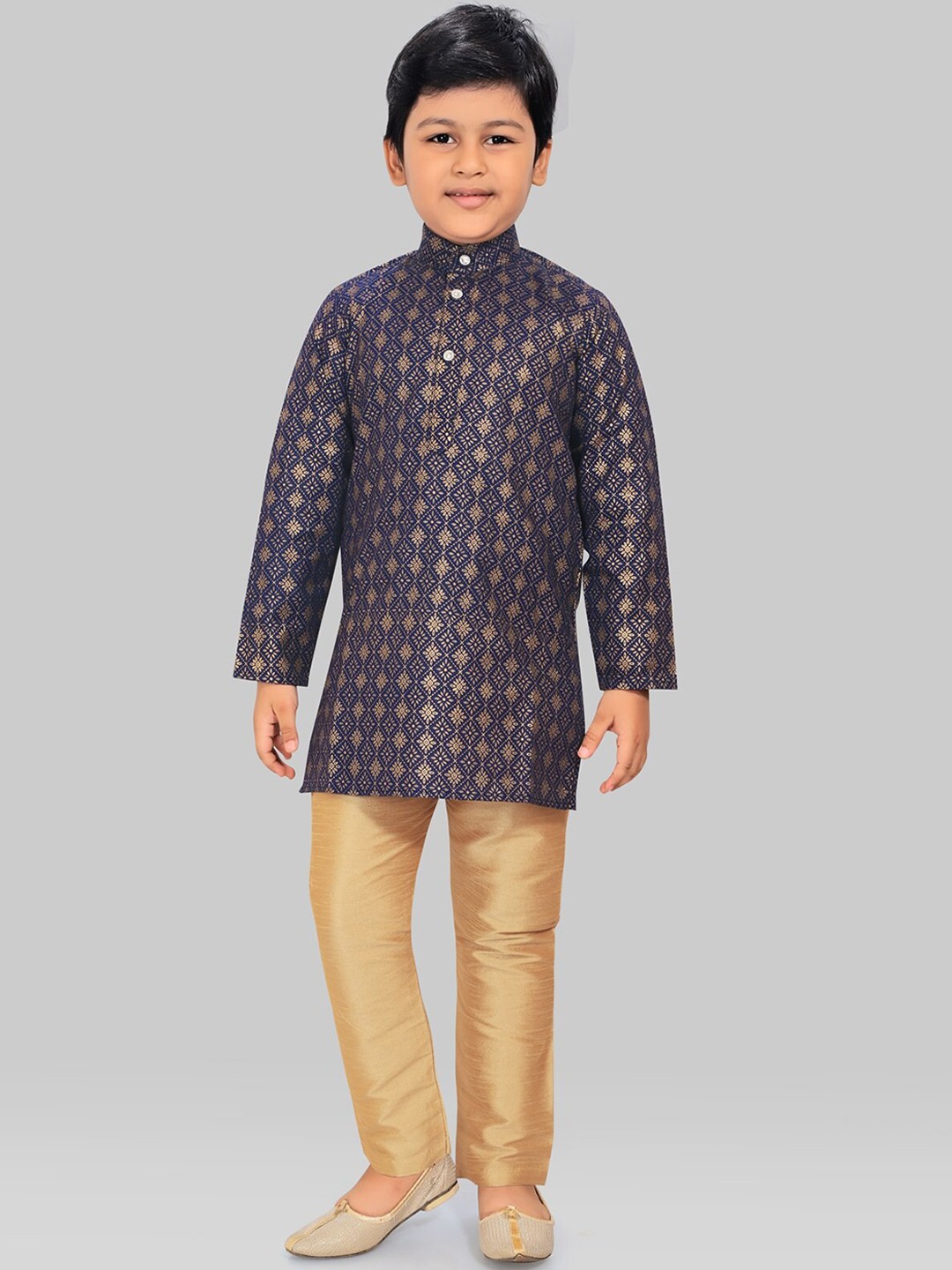 

SALWAR STUDIO Boys Navy Blue Ethnic Motifs Angrakha Pure Cotton Kurti with Pyjamas