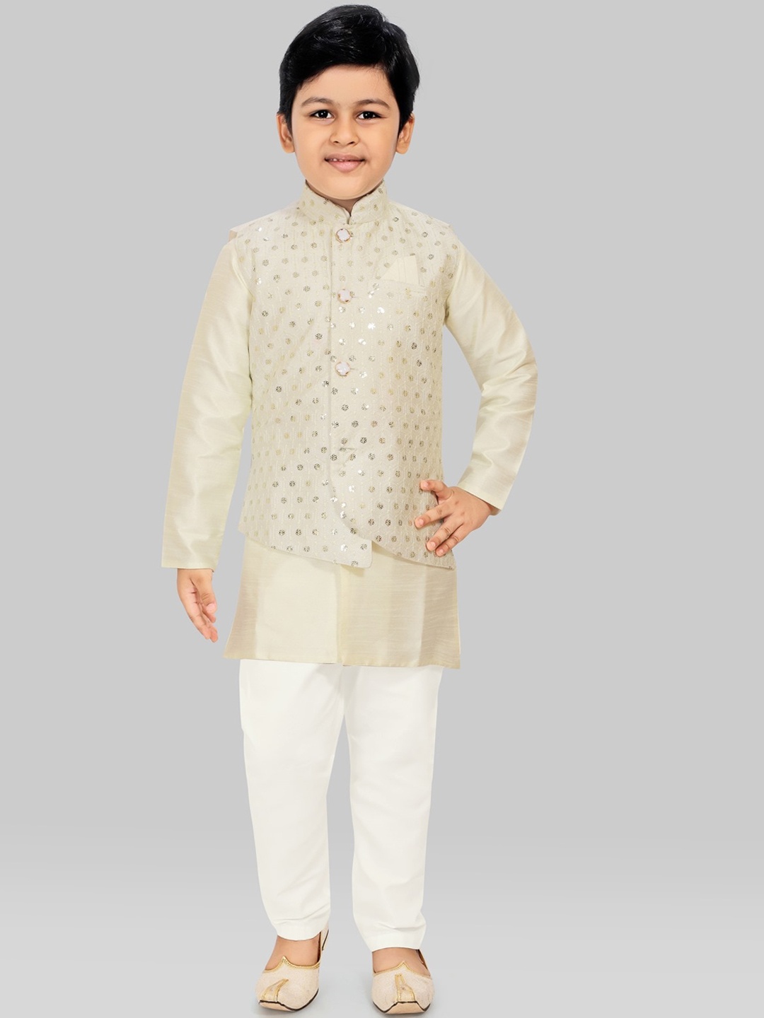 

SALWAR STUDIO Boys Cream-Coloured Layered Kurti with Pyjamas