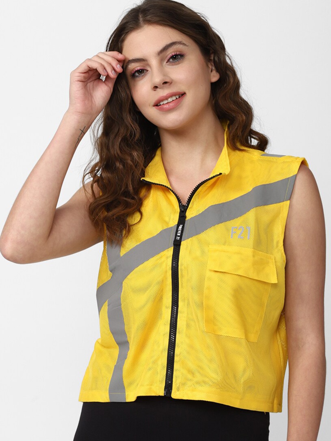 

FOREVER 21 Women Yellow Floral Colourblocked Crop Tailored Jacket with Embroidered
