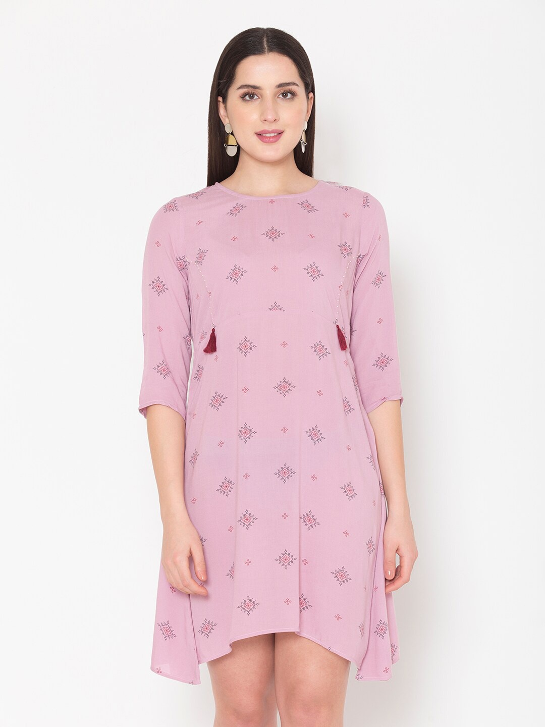 

Modriba Peach-Coloured & cameo pink Floral A-Line Dress