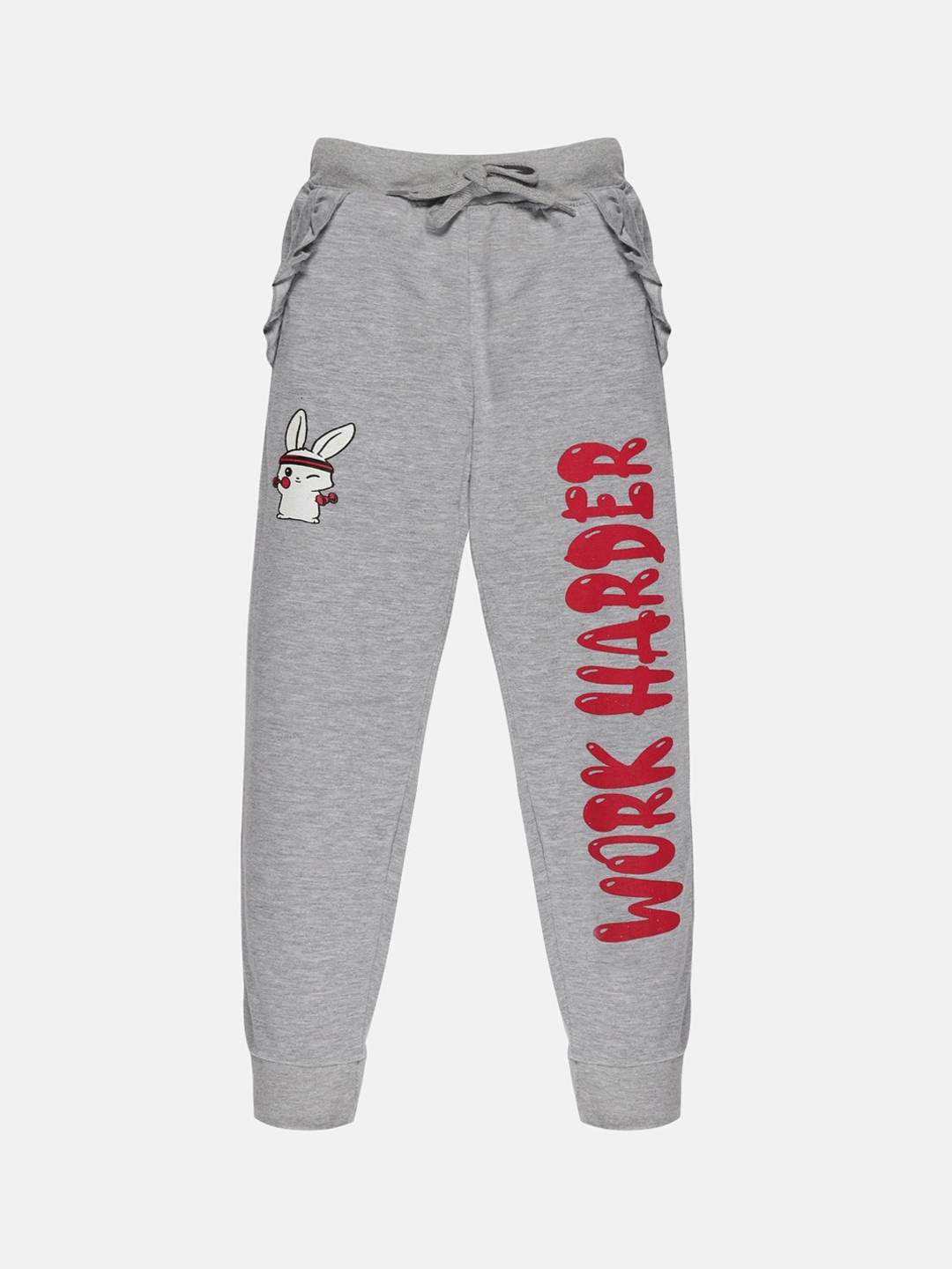 

KiddoPanti Girls Grey Melange Printed Cotton Track Pants