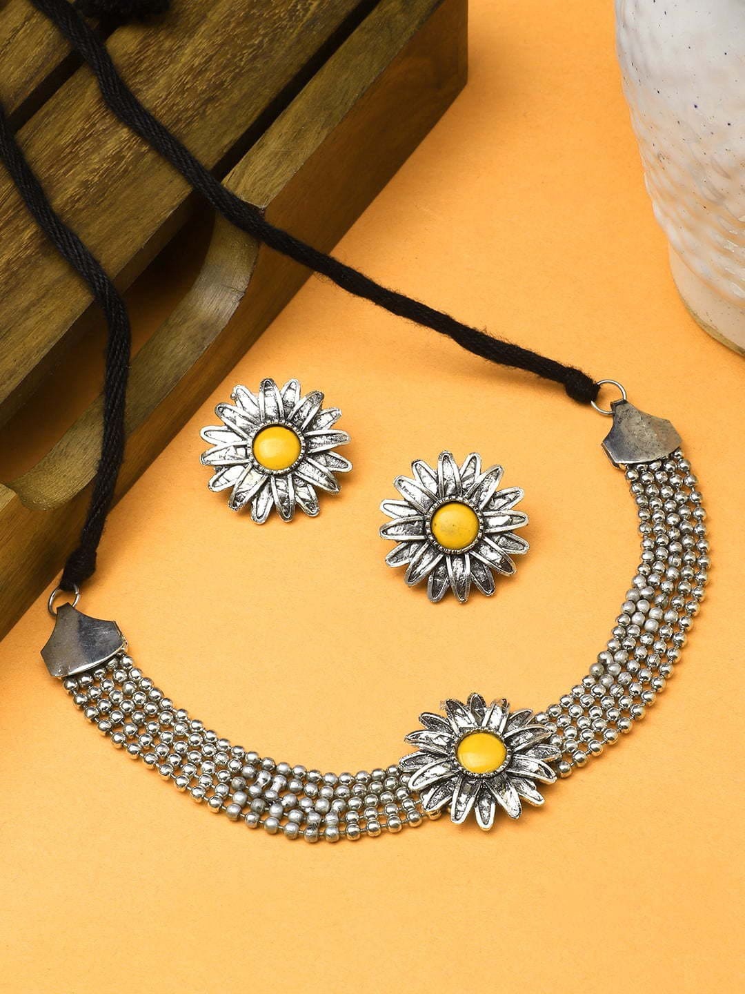 

CARDINAL Oxidised Silver-Toned & Yellow Stone-Studded Jewellery Set