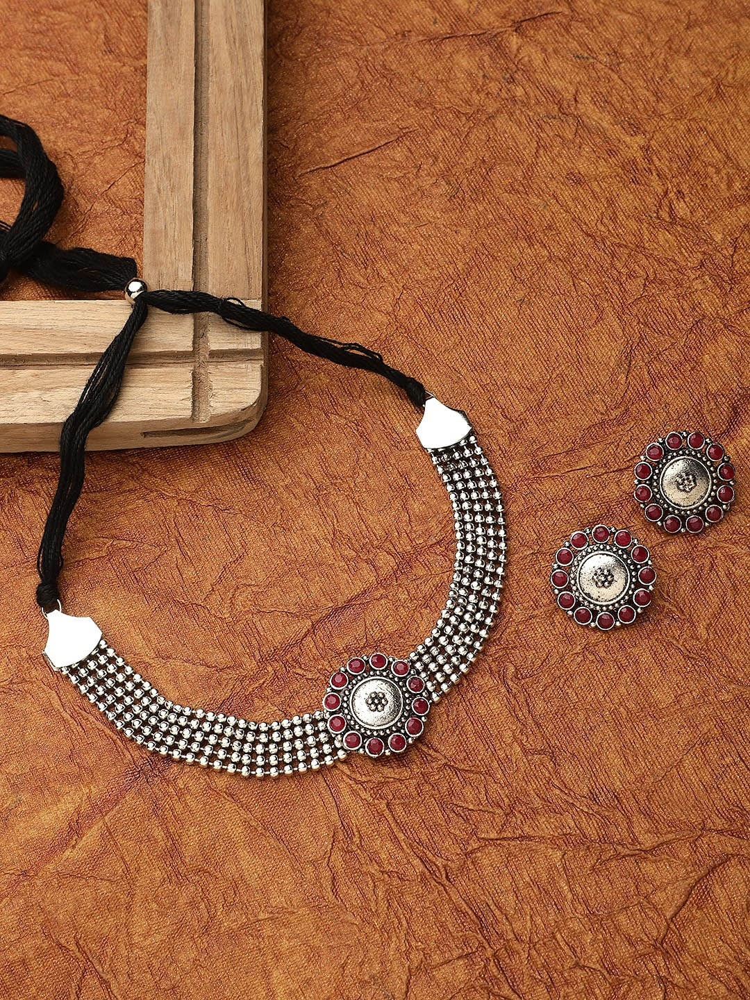 

CARDINAL Oxidized Silver & Pink Stone-Studded Jewellery Set
