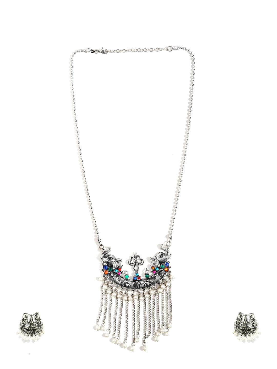 

CARDINAL Silver-Toned Red Stone-Studded & White Beaded Jewellery Set