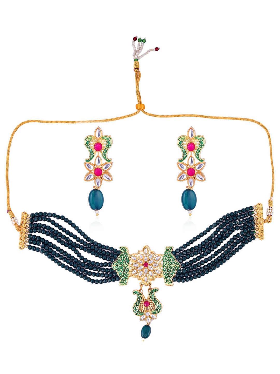 

CARDINAL Gold-Plated & Green Kundan-Studded & Beaded Jewellery Set