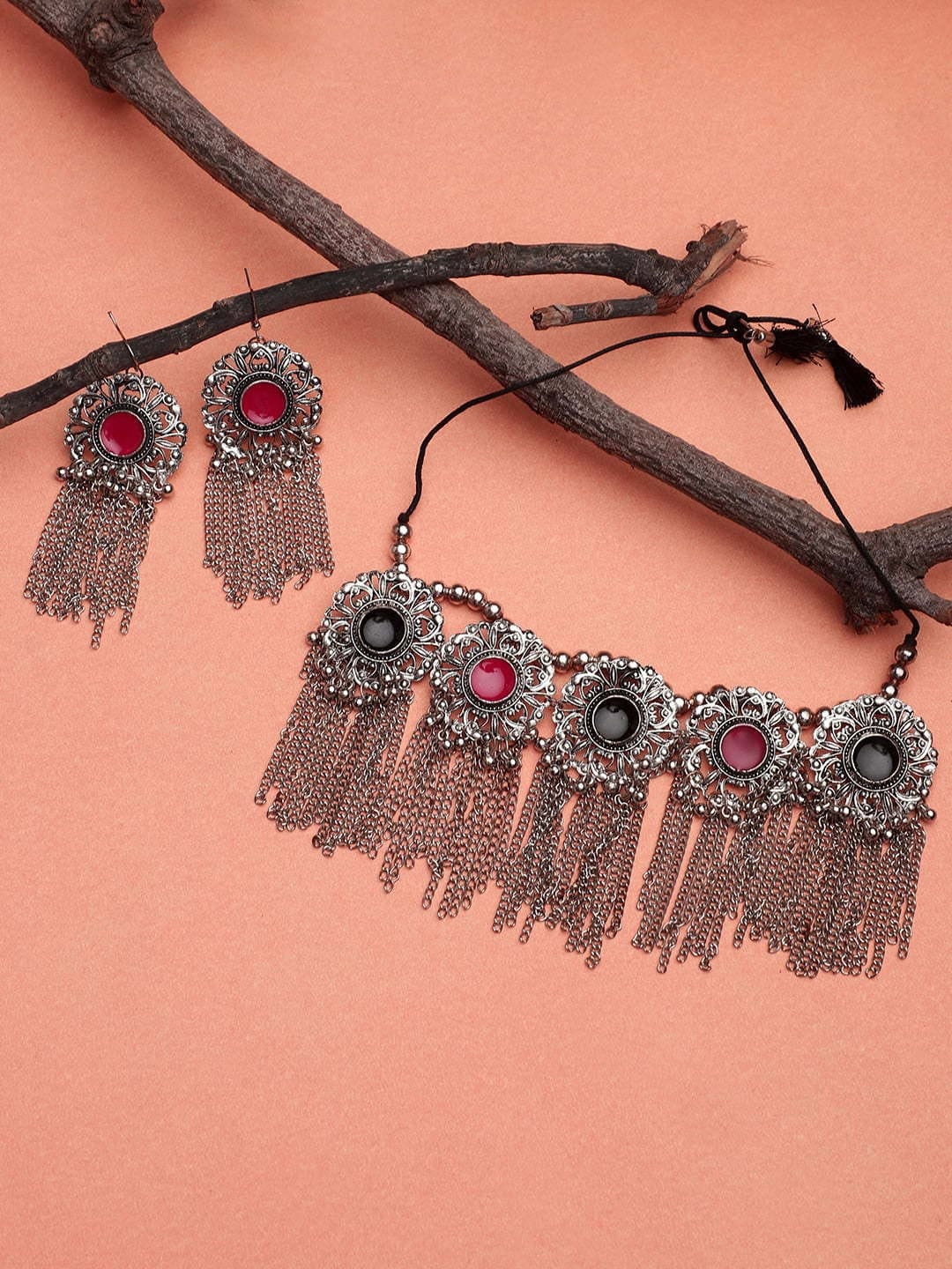 

CARDINAL Silver-Toned Red & Black Oxidised Choker Jewellery Set