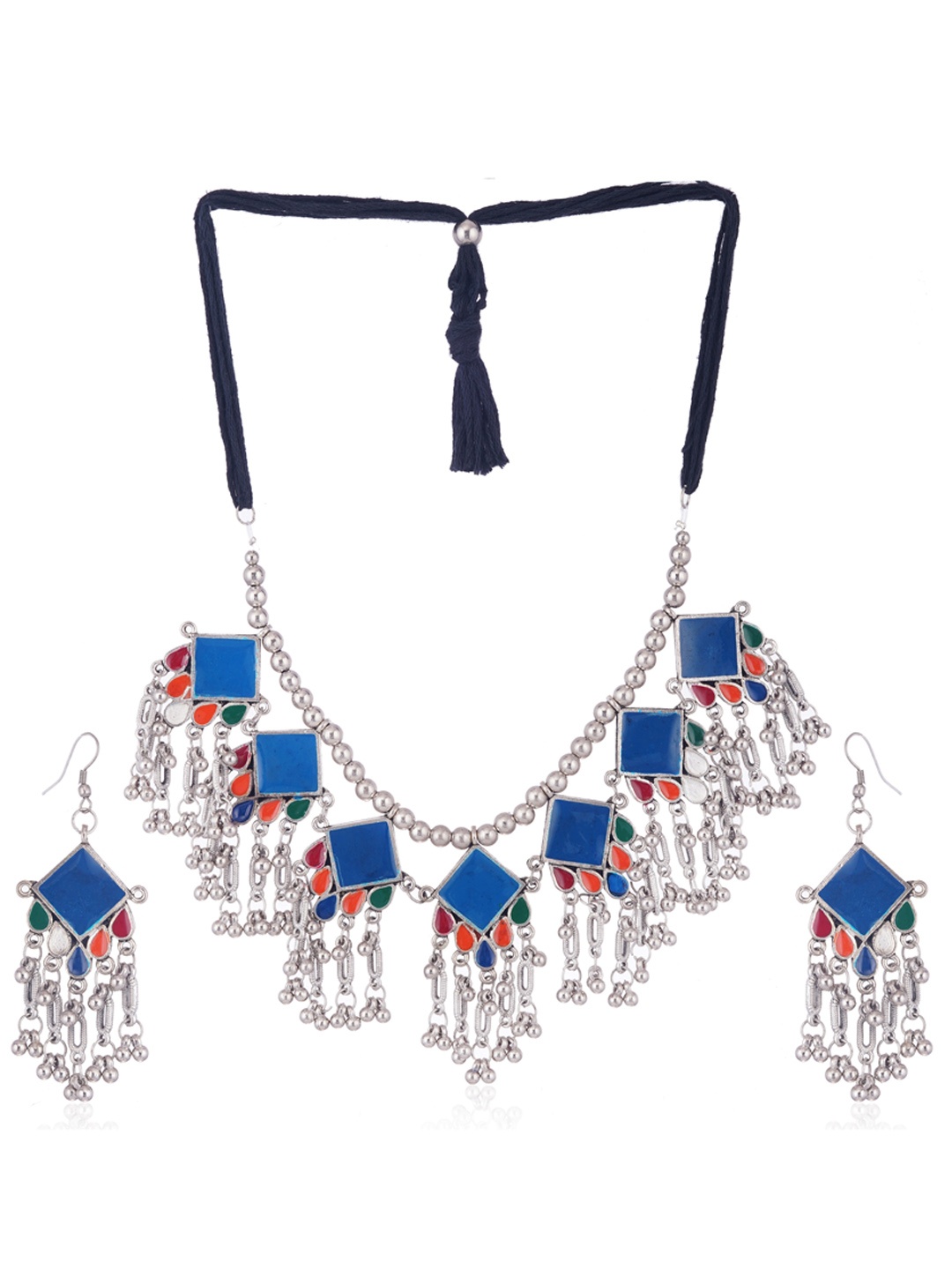 

CARDINAL Silver-Plated Blue & red Stone Studded Oxidized Jewellery Set
