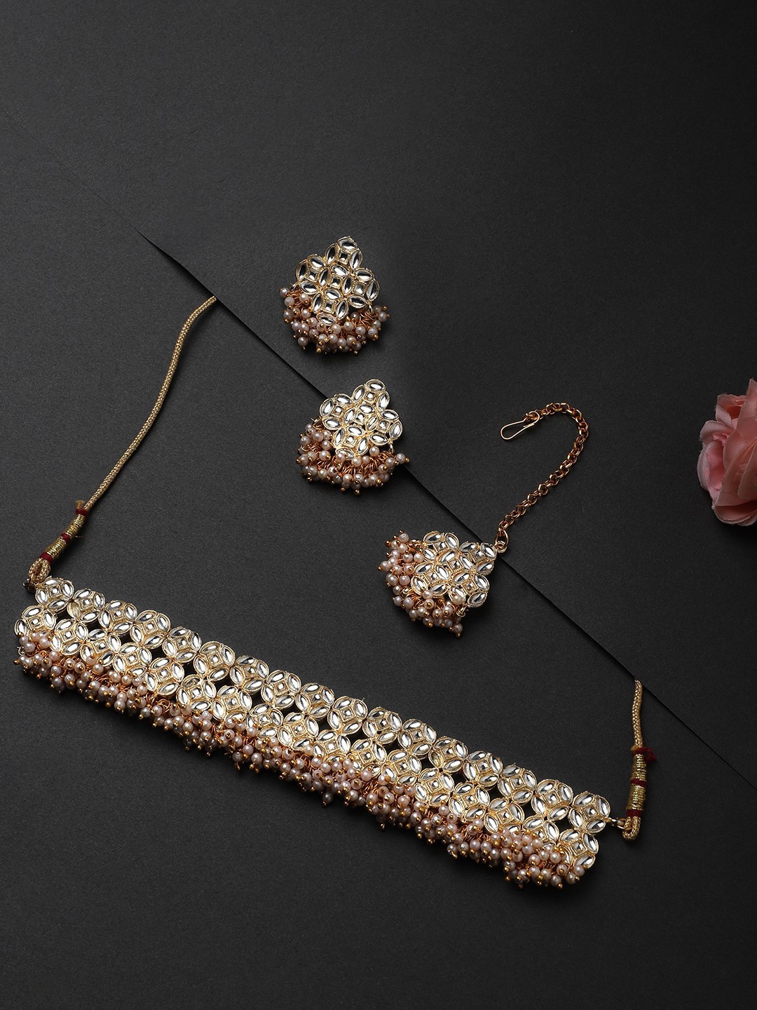 

CARDINAL Gold-Toned & White Stone Studded Choker Jewellery Set
