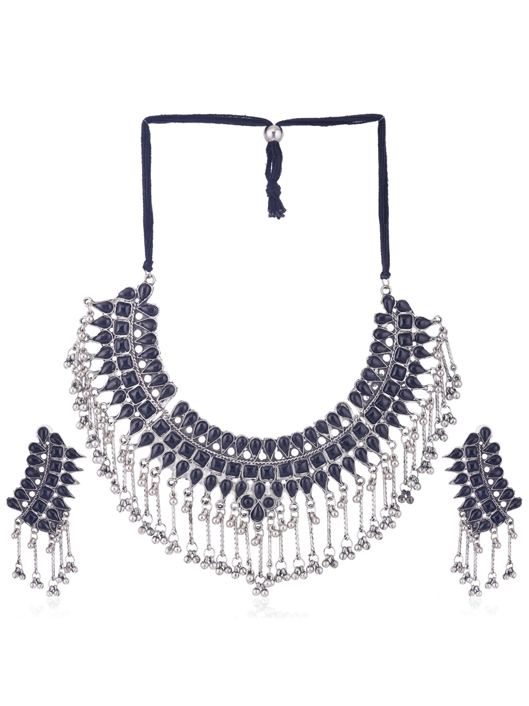 

CARDINAL Silver-Plated Black Stone Studded Jewellery Set