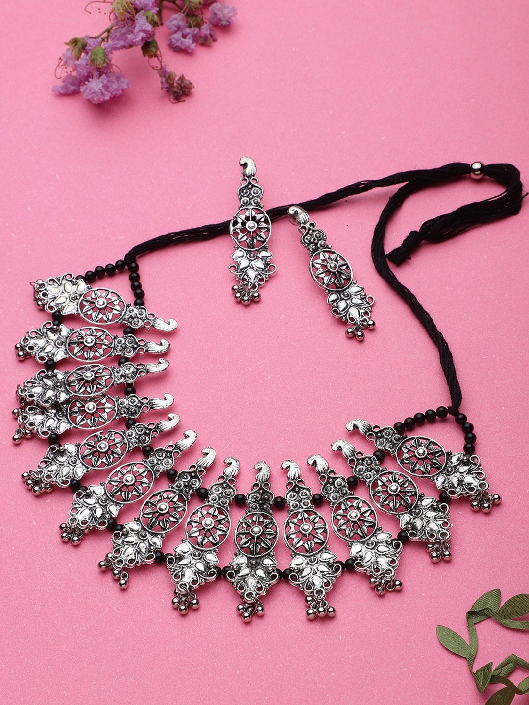 

CARDINAL Oxidised Silver-Plated Stone-Studded & Beaded Jewellery Set