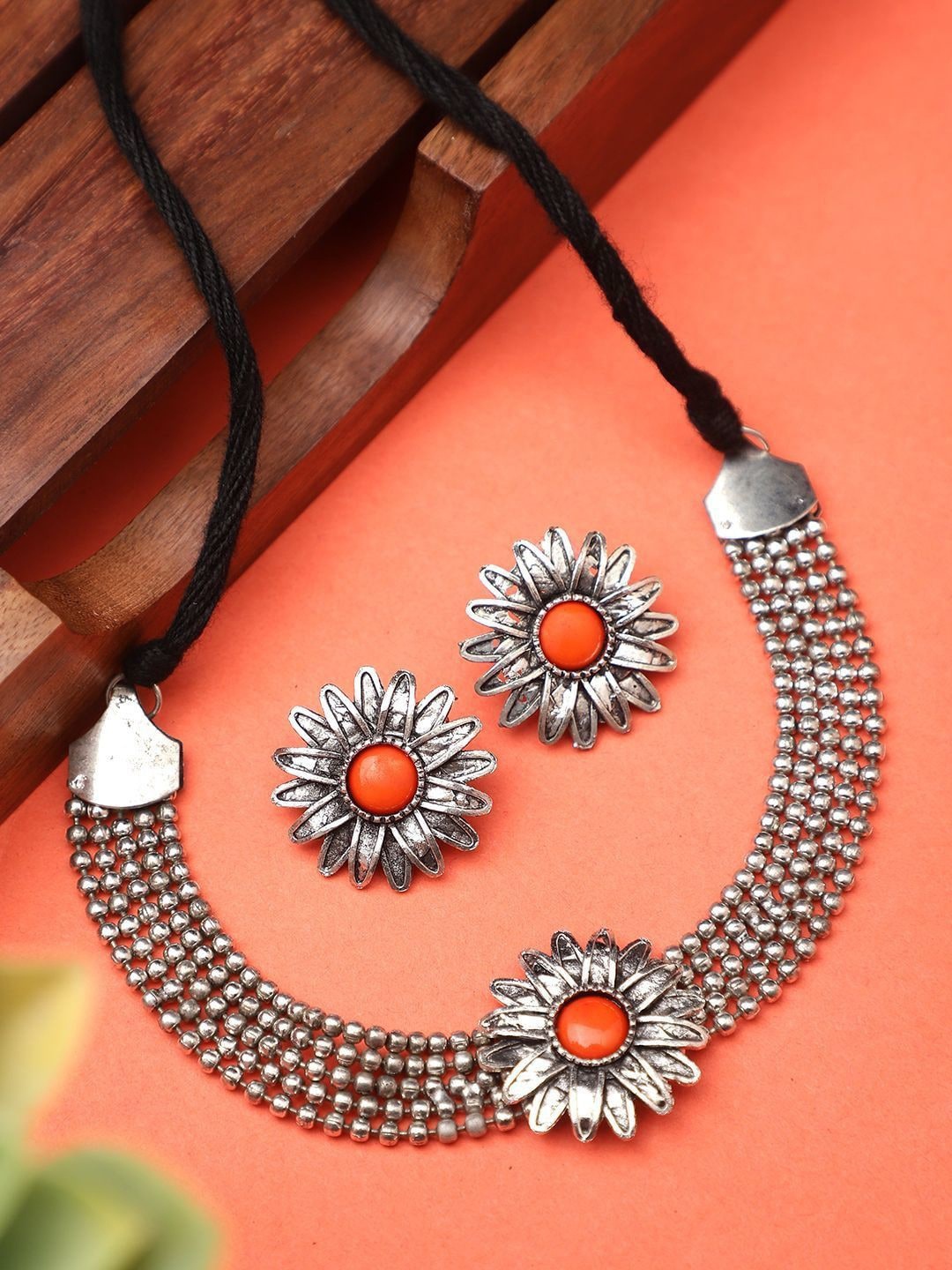 

CARDINAL Silver-Toned Red Stone Studded Oxidised Choker Jewellery Set
