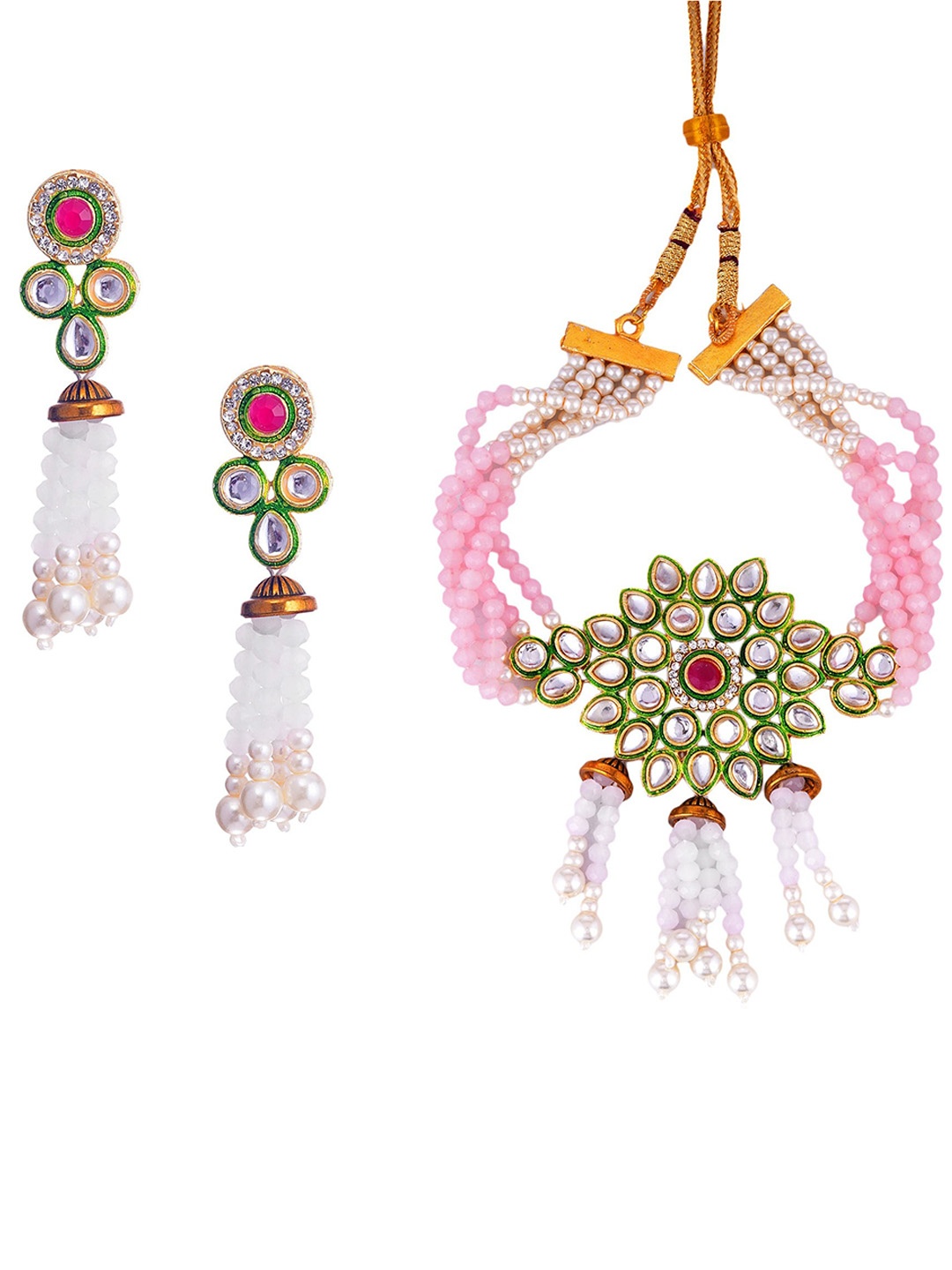 

CARDINAL Gold-Plated White & Pink Stone Studded & Beaded Jewellery Set