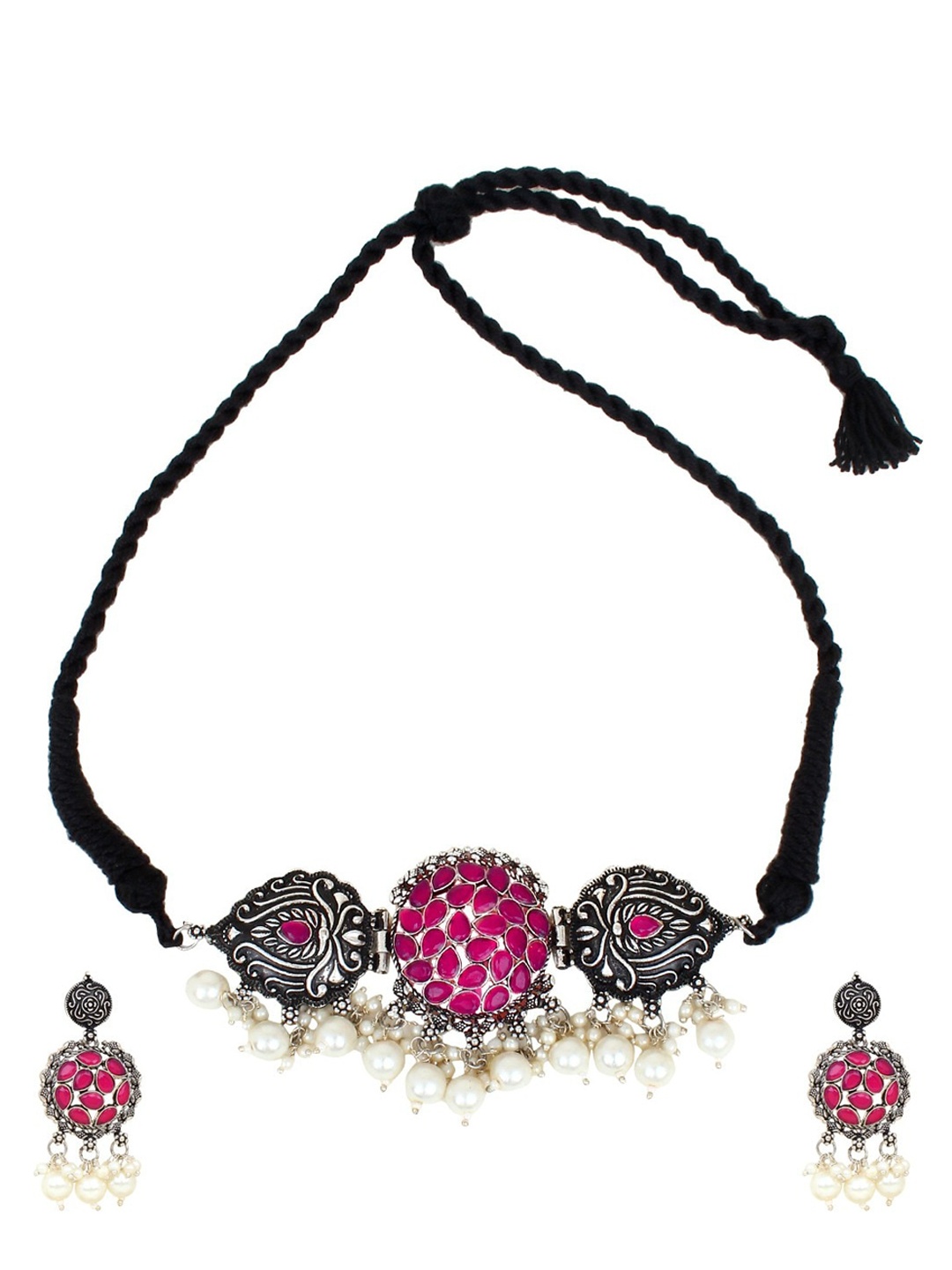 

CARDINAL Silver-Toned Pink Stone Studded Oxidised Choker Jwellery Set