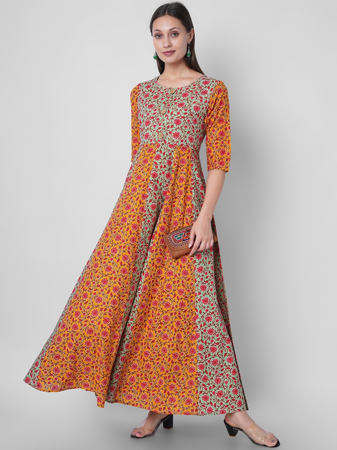 

Sanganeri Kurti Women Mustard Yellow Ethnic Motifs Printed Anarkali Kurta