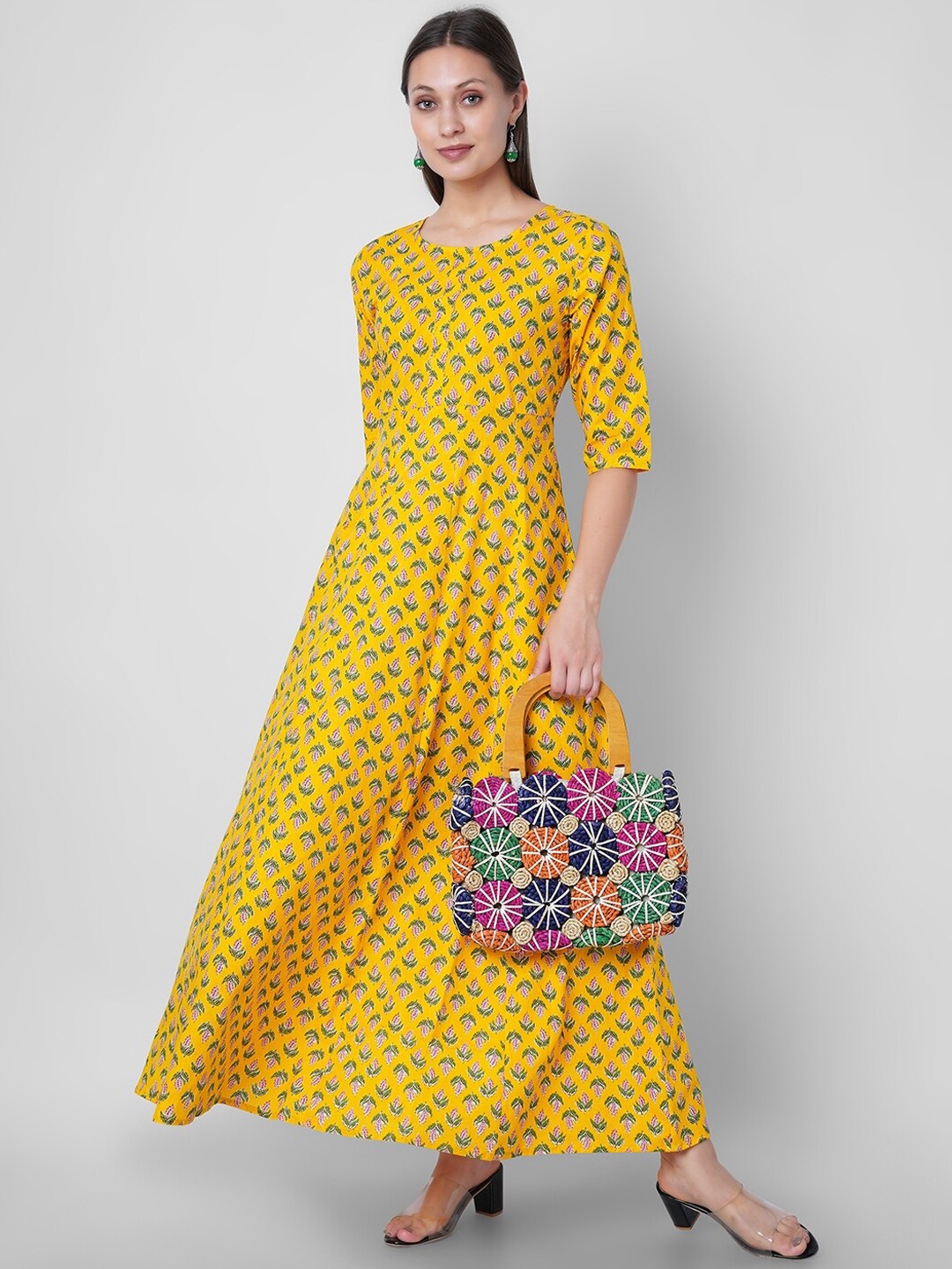 

Sanganeri Kurti Women Yellow Floral Printed Flared Sleeves Anarkali Kurta