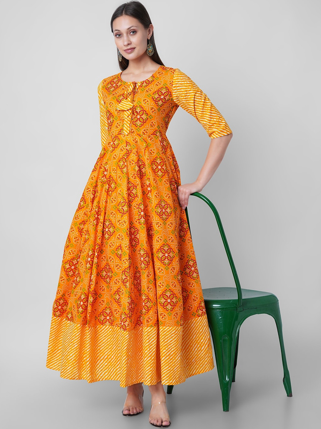 

Sanganeri Kurti Women Mustard Yellow Ethnic Motifs Printed Gotta Patti Anarkali Kurta