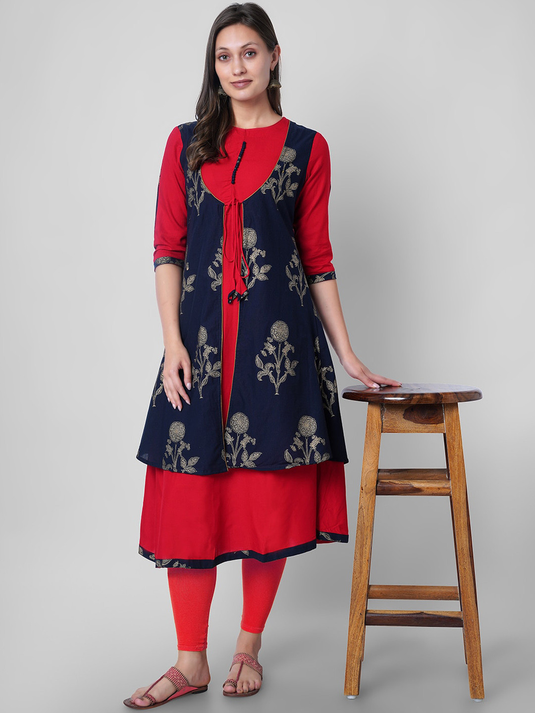 

Sanganeri Kurti Women Red Floral Printed Thread Work Kurta