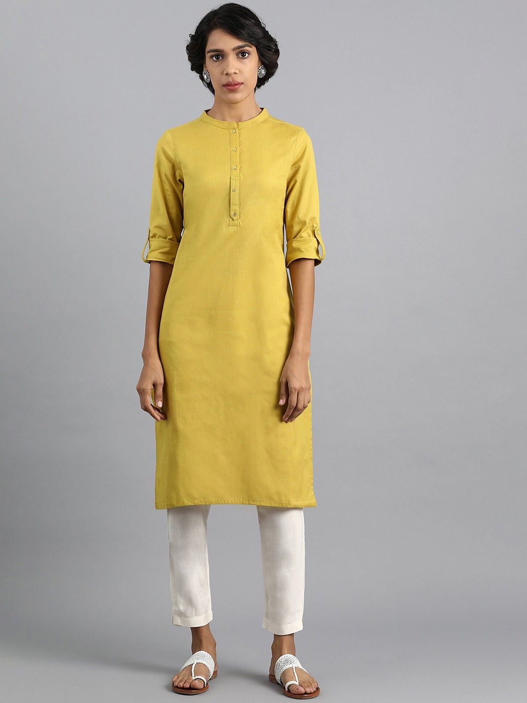 

W Women Yellow Thread Work Kurta
