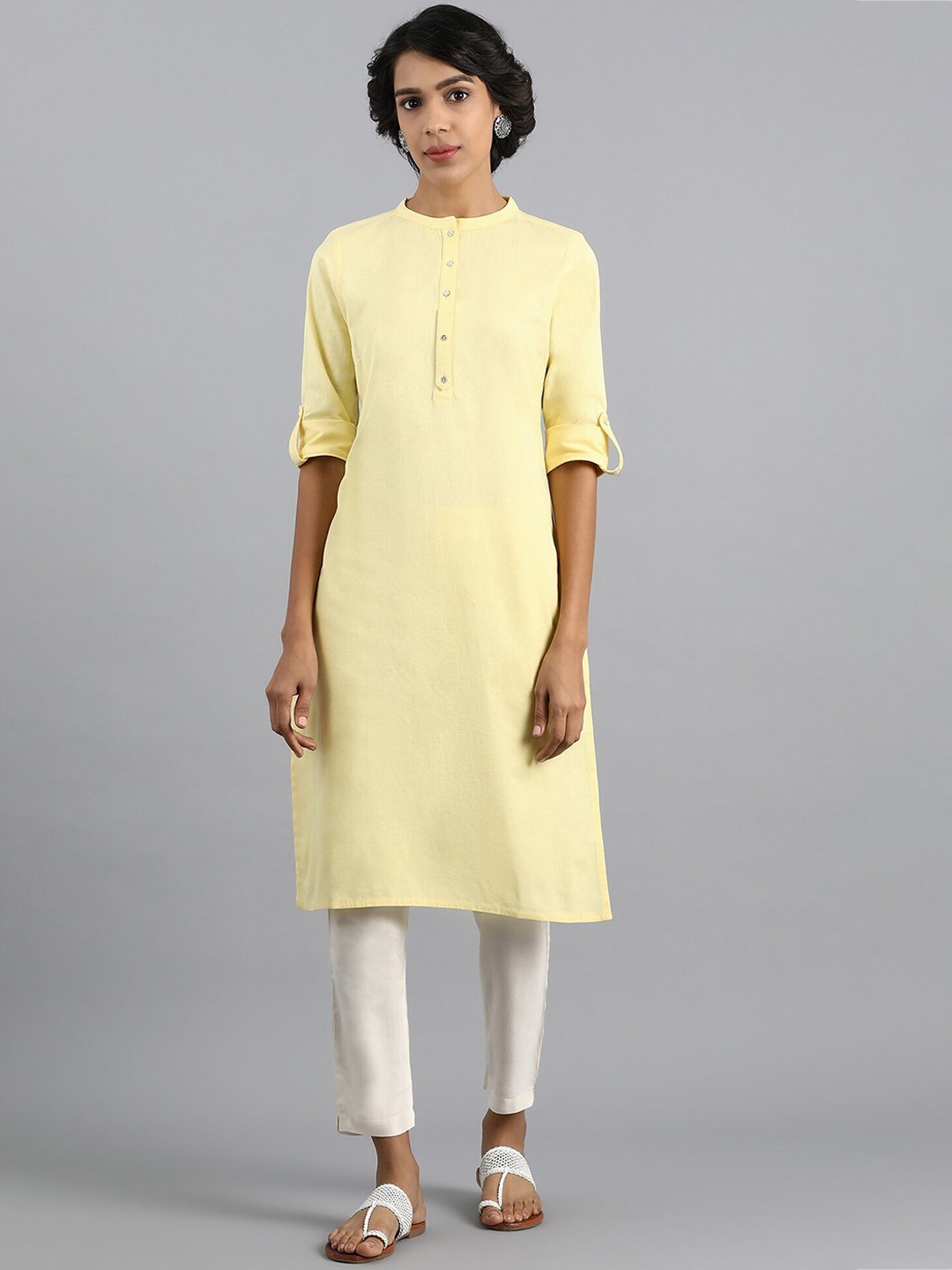 

W Women Yellow Thread Work Kurta