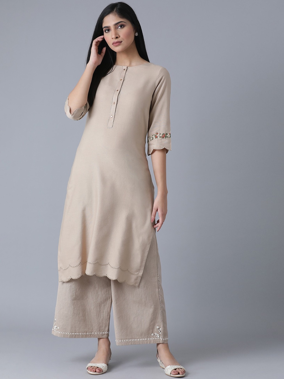 

W Women Beige Striped Keyhole Neck Flared Sleeves Kurta