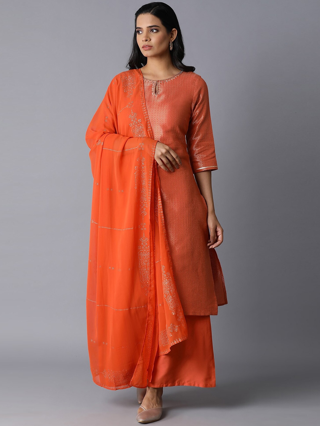 

W Women Orange Kurti with Palazzos & With Dupatta