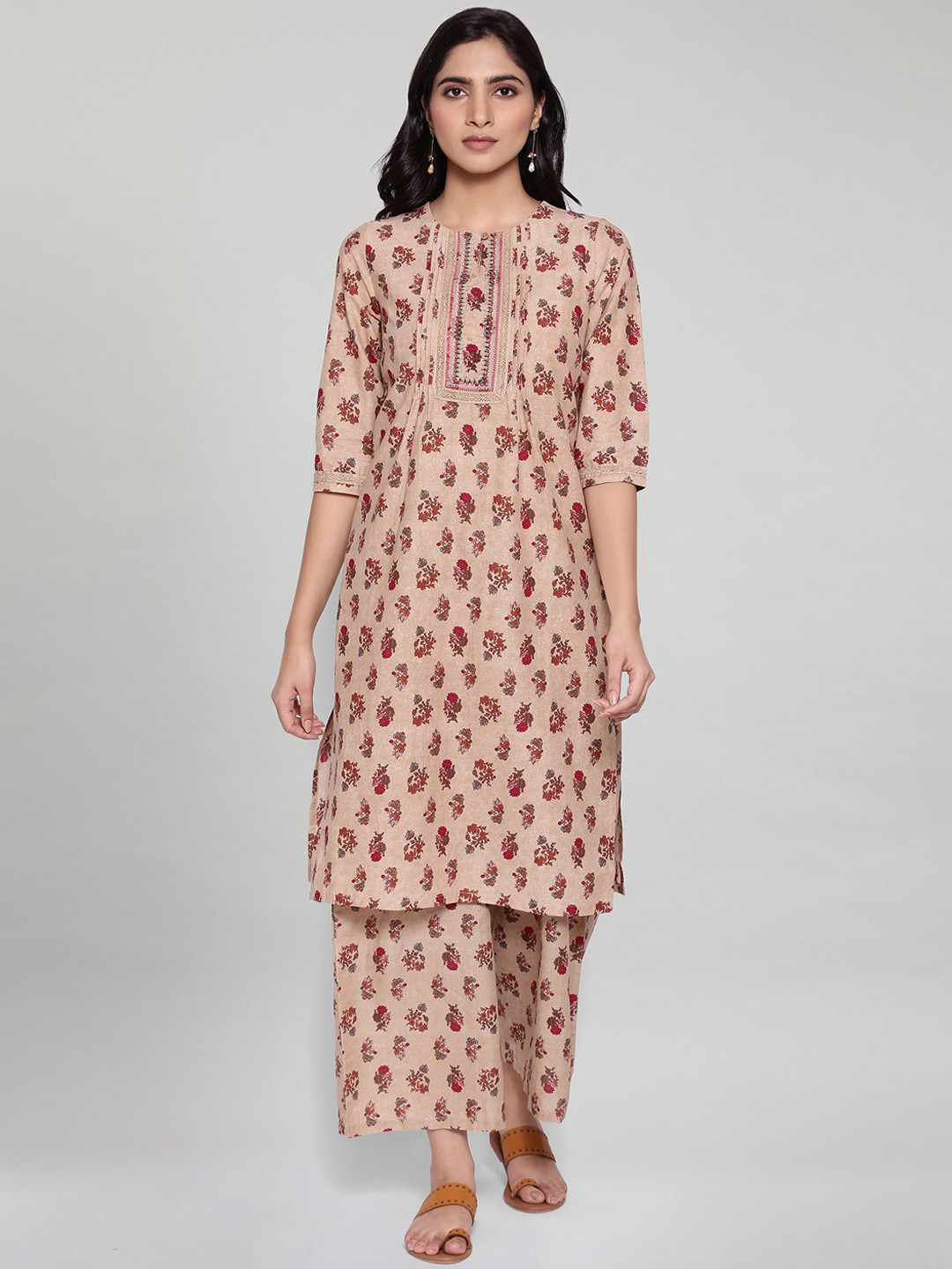 

W Women Beige Floral Layered Pure Cotton Kurti with Skirt