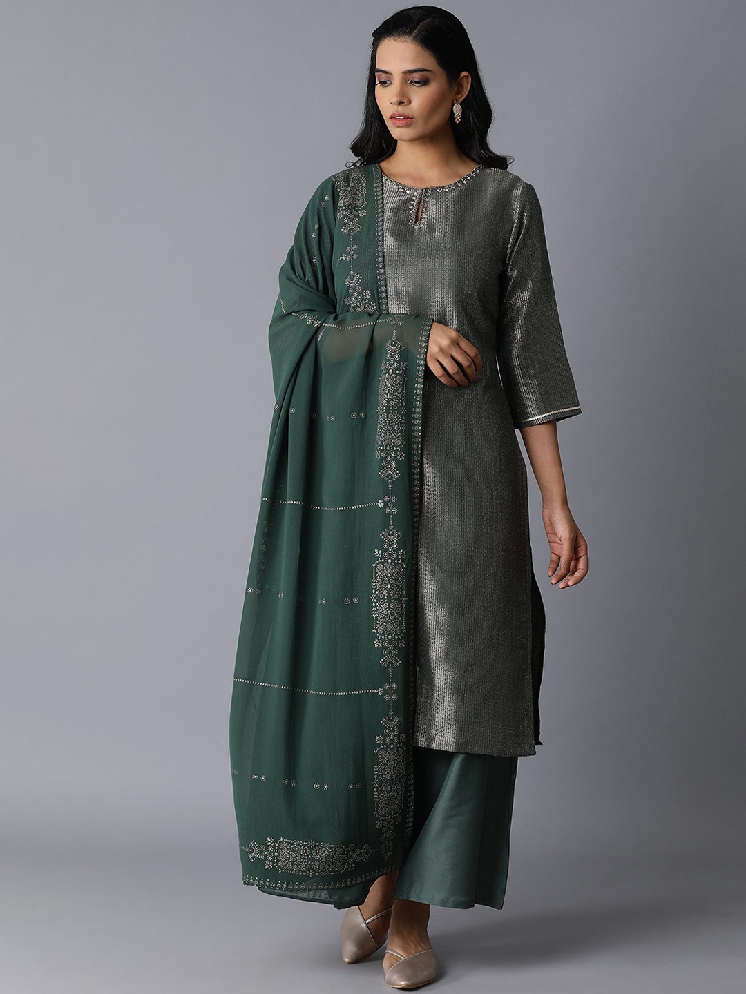 

W Women Green Embroidered Panelled Kurti with Trousers & With Dupatta
