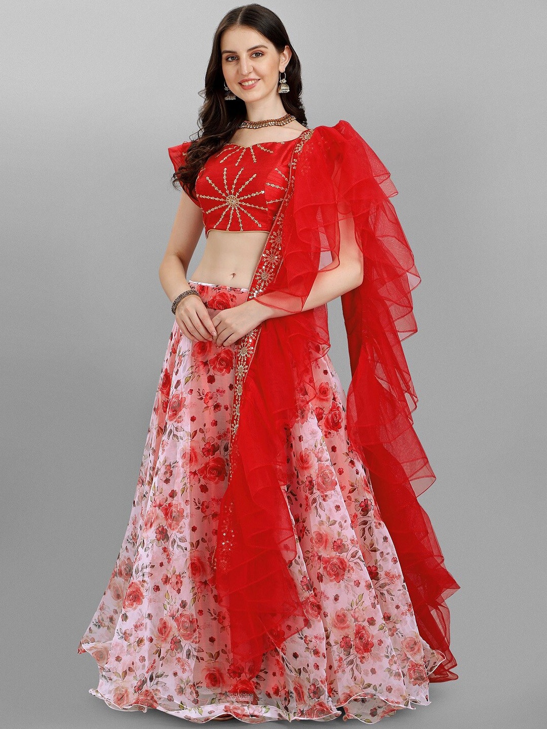 

Fashion Basket Red & Pink Embroidered Semi-Stitched Lehenga & Unstitched Blouse With Dupatta