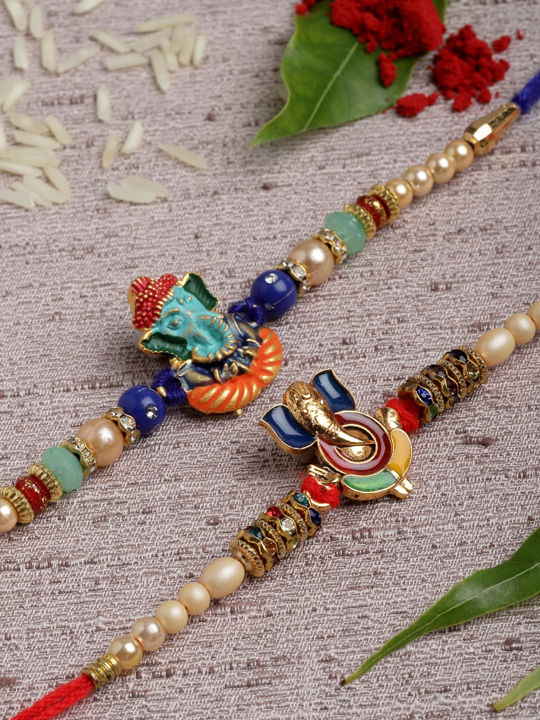 

PANASH Men Set Of 2 Gold-Toned & Beaded Lord Ganesha Handcrafted Rakhis