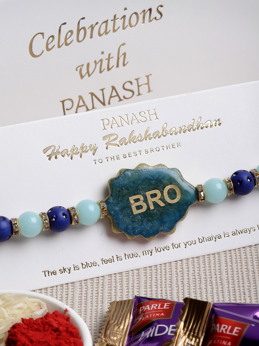 

PANASH Men Gold-Plated Blue Pearl Beaded Bro Desisgnd Rakhi