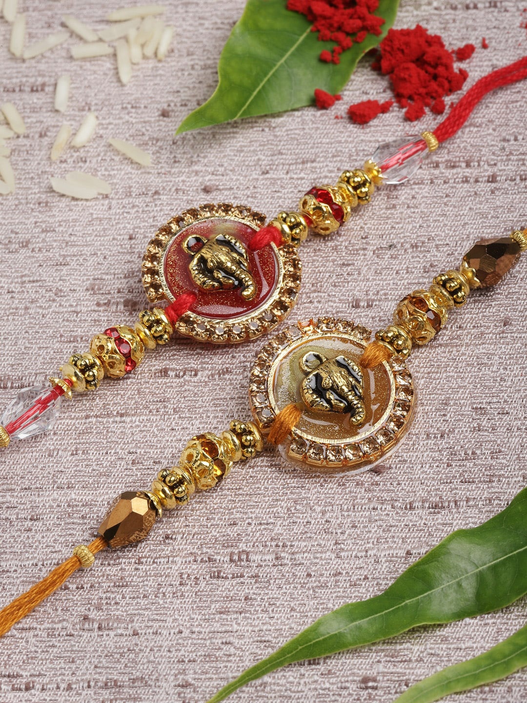 

PANASH Men Set Of 2 Gold-Toned & Red Stone-Studded & Beaded Rakhi