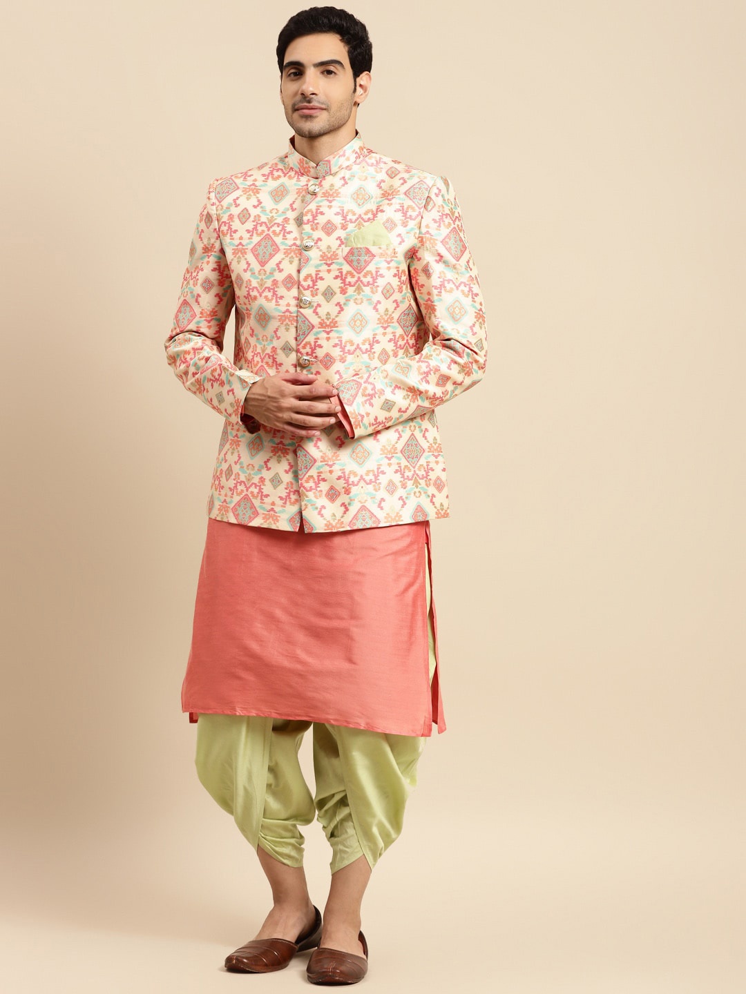 

KISAH Men Peach-coloured & Green Printed Bandhgala Sherwani