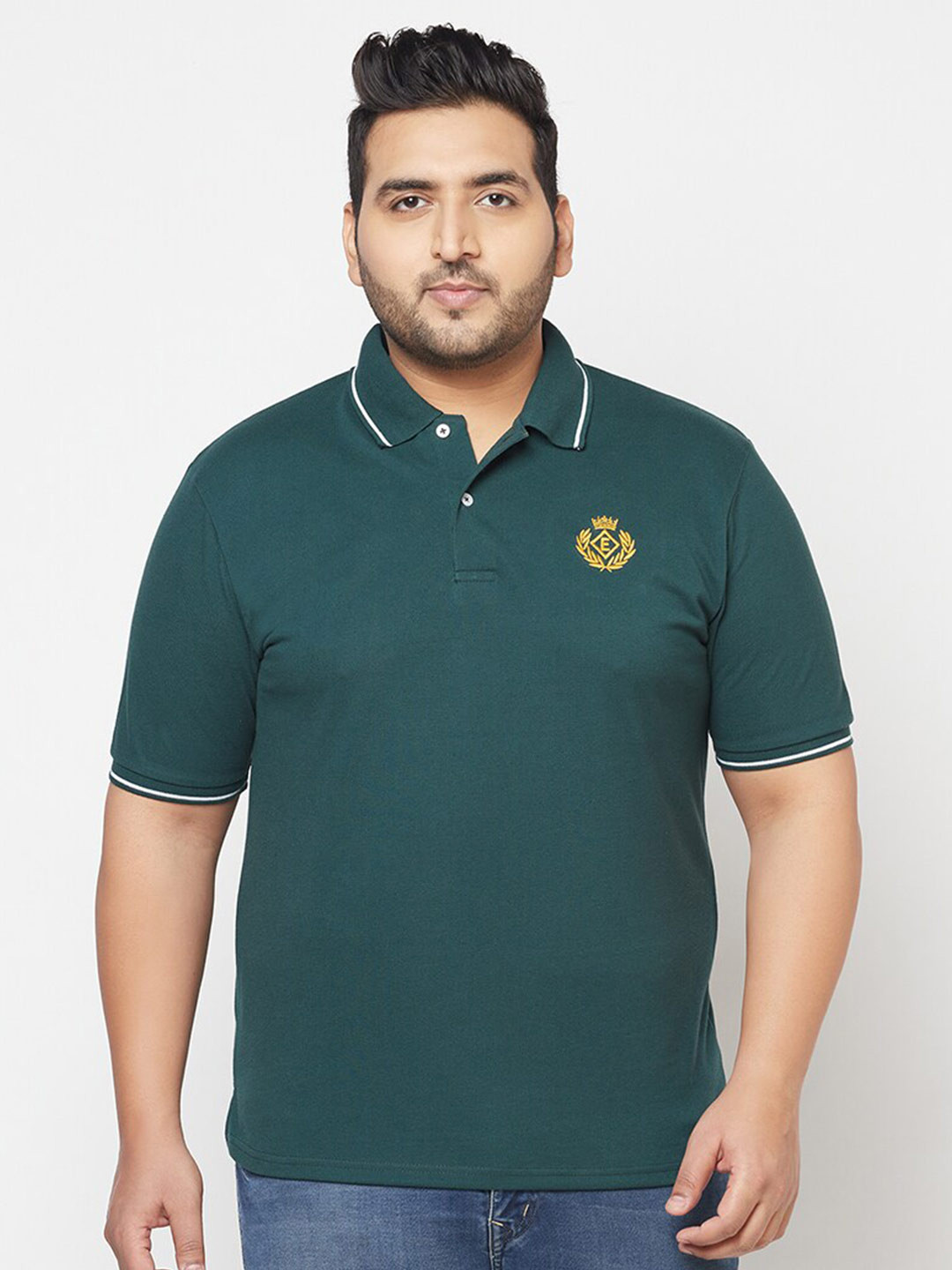 

ELEGANCE Men Olive Green & indigo Polo Collar Applique T-shirt