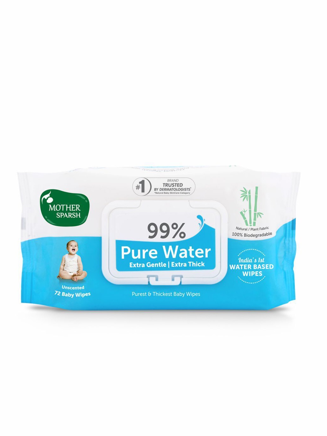 

Mother Sparsh 99% Pure Water Extra Gentle Unscented Water Based Baby Wipes - 72 Wipes, Blue