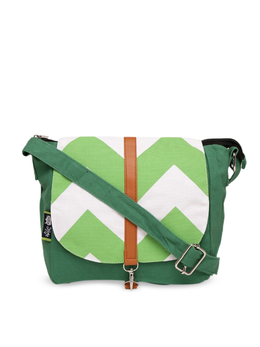 

Kanvas Katha Green Colourblocked Structured Sling Bag with Fringed