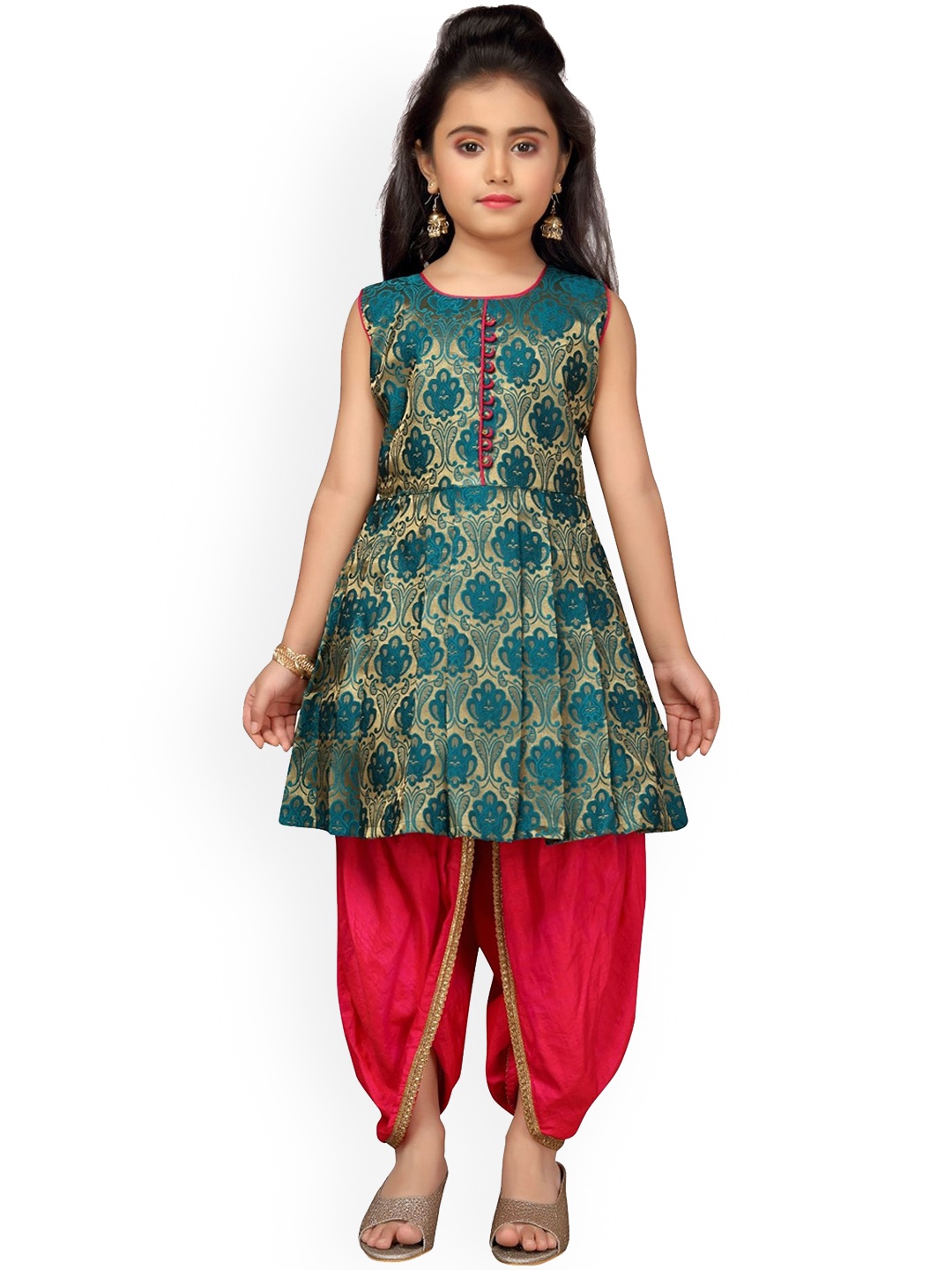 

ADIVA Girls Green Printed Empire Kurti with Dhoti Pants
