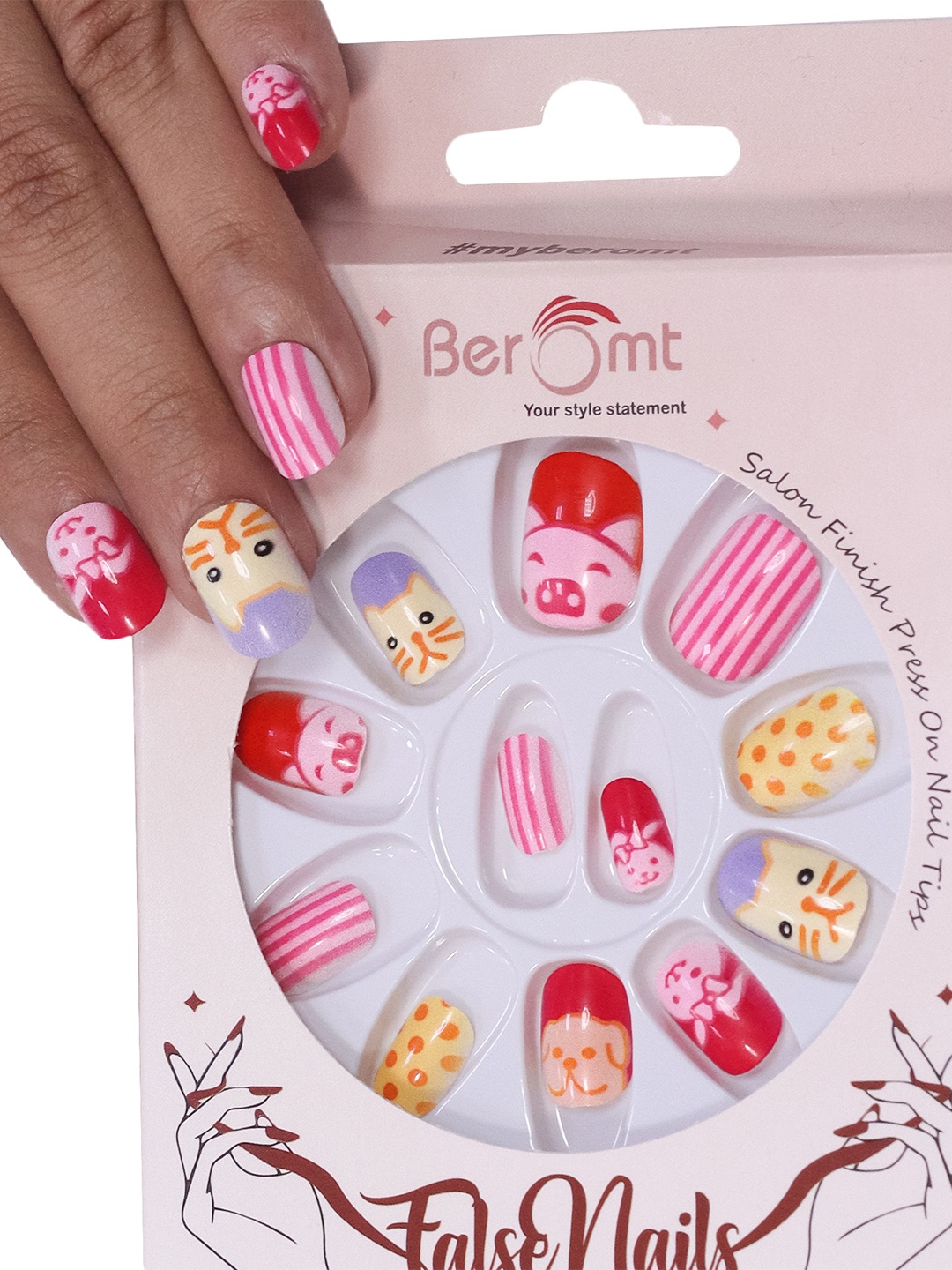 

BEROMT Girls Salon Finish Press-On False Nail Tips Kit - Shade 55, Red