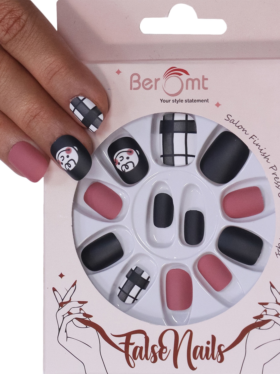 

BEROMT Girls Salon Finish Peanuts Print Press-On False Nail Tips Kit - Shade 30, Black