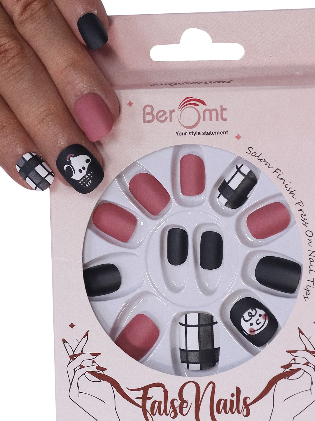 

BEROMT Girls Salon Finish Peanuts Print Press-On False Nail Tips Kit - Shade 32, Black