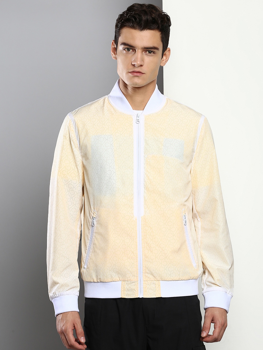 

Calvin Klein Jeans Men White & Yellow Self Design Tailored Jacket