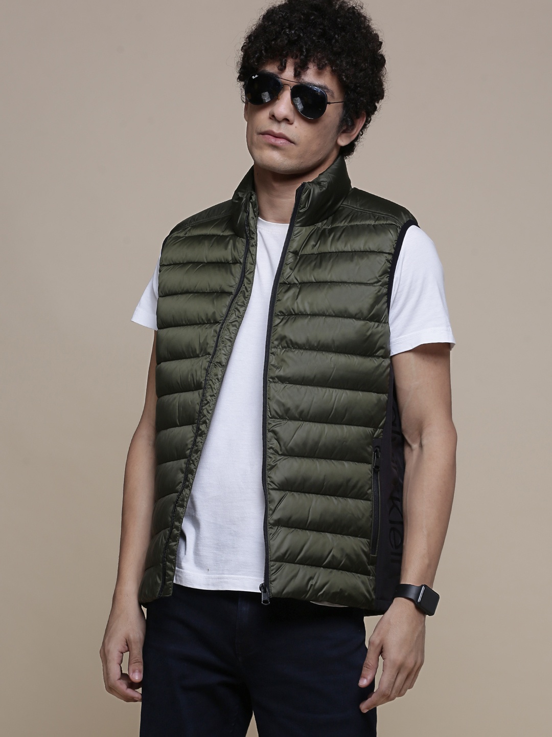 

Calvin Klein Jeans Men Olive Green Leather Puffer Jacket
