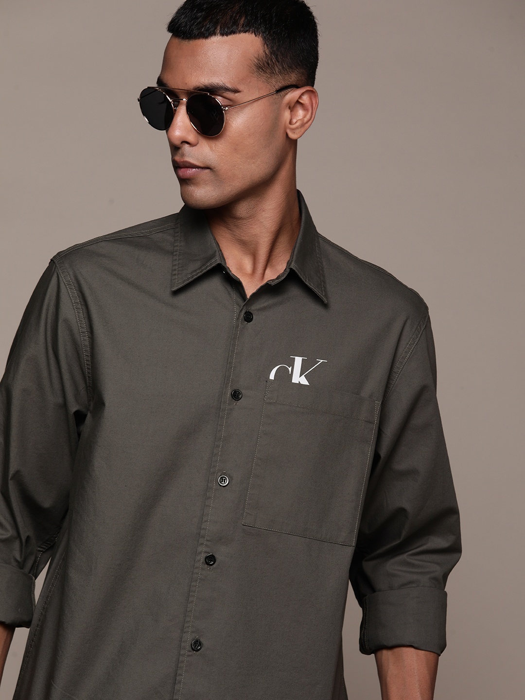 

Calvin Klein Jeans Men Logo Tape Printed Casual Shirt, Charcoal