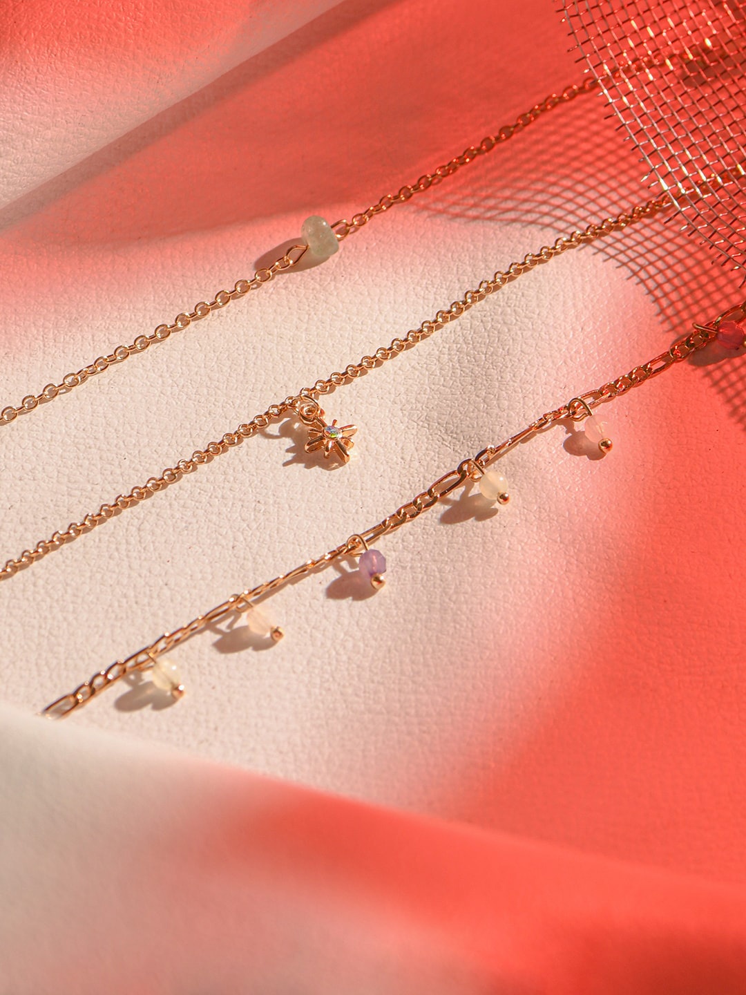 

Accessorize Set Of 3 Gold-Toned White & Purple Stone-Studded & Pearl Beaded Anklets