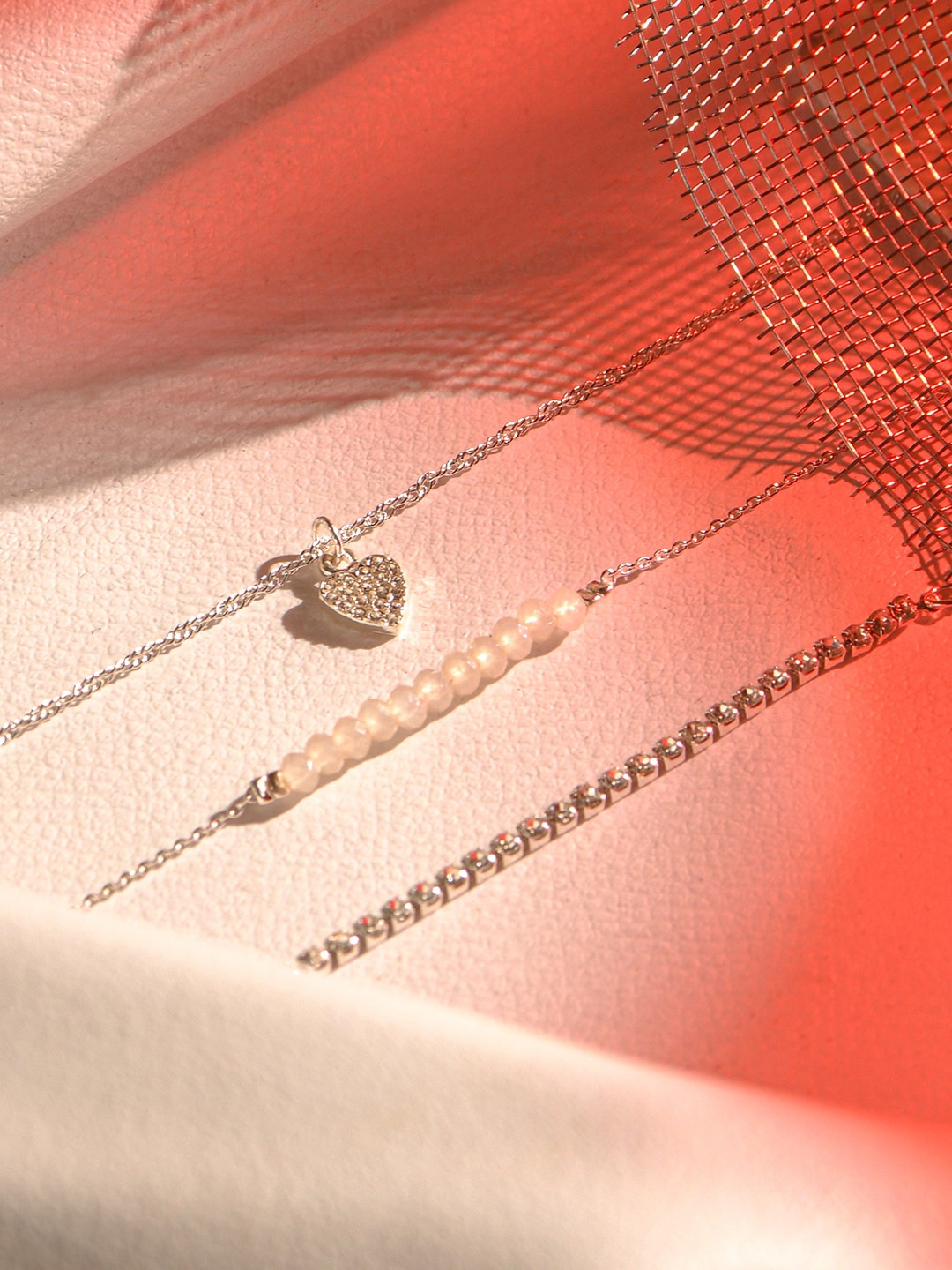 

Accessorize London Set Of 3 Silver-Toned White Crystal-Studded Cupchain & Heart Anklets