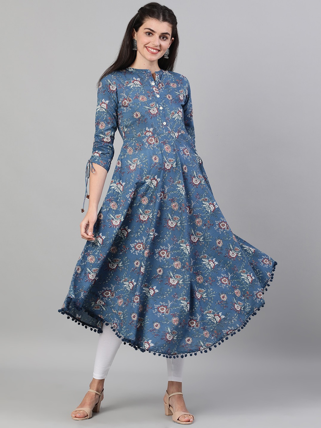 

KIMAYRA Women Blue Floral Printed Flared Sleeves Mirror Work Anarkali Kurta
