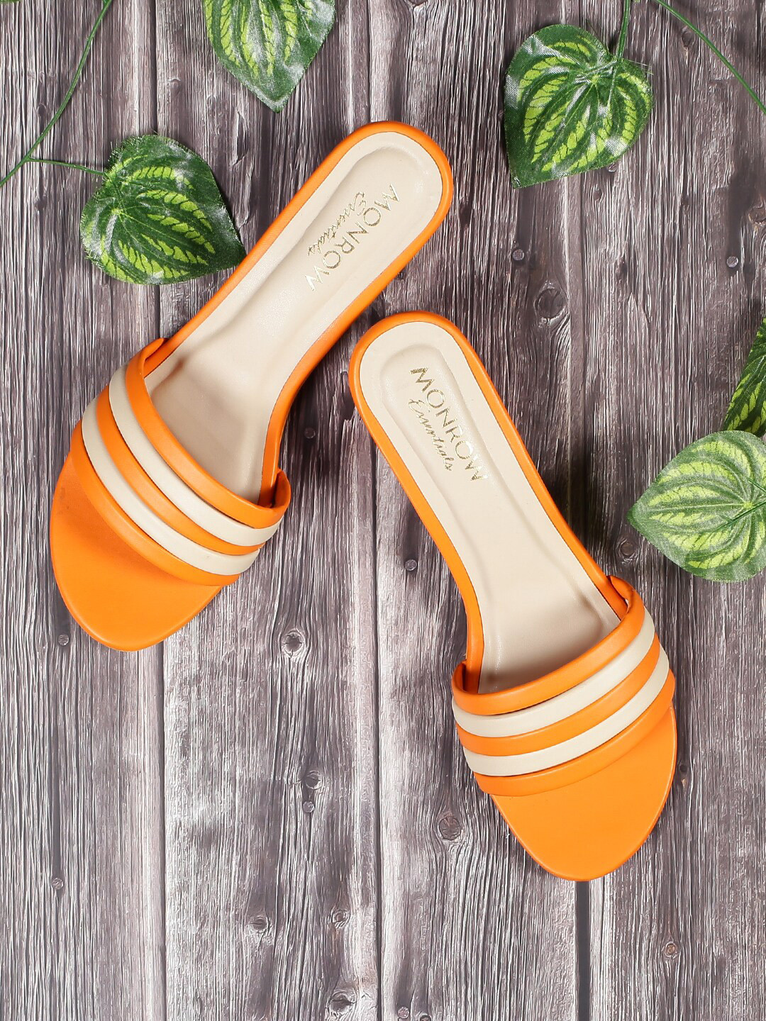 

Monrow Orange Striped PU Party Block Sandals
