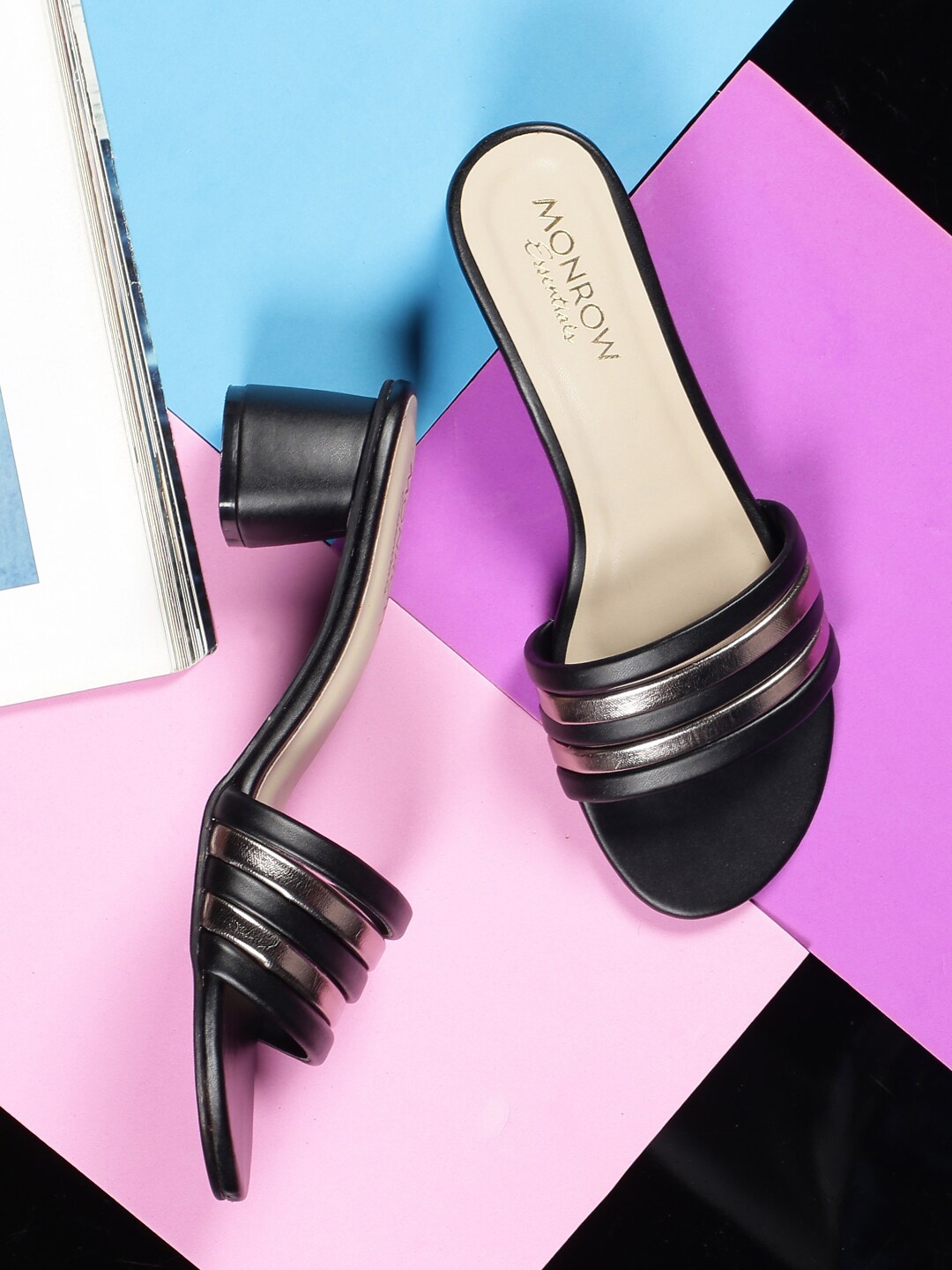 

Monrow Black Colourblocked PU Party Block Sandals