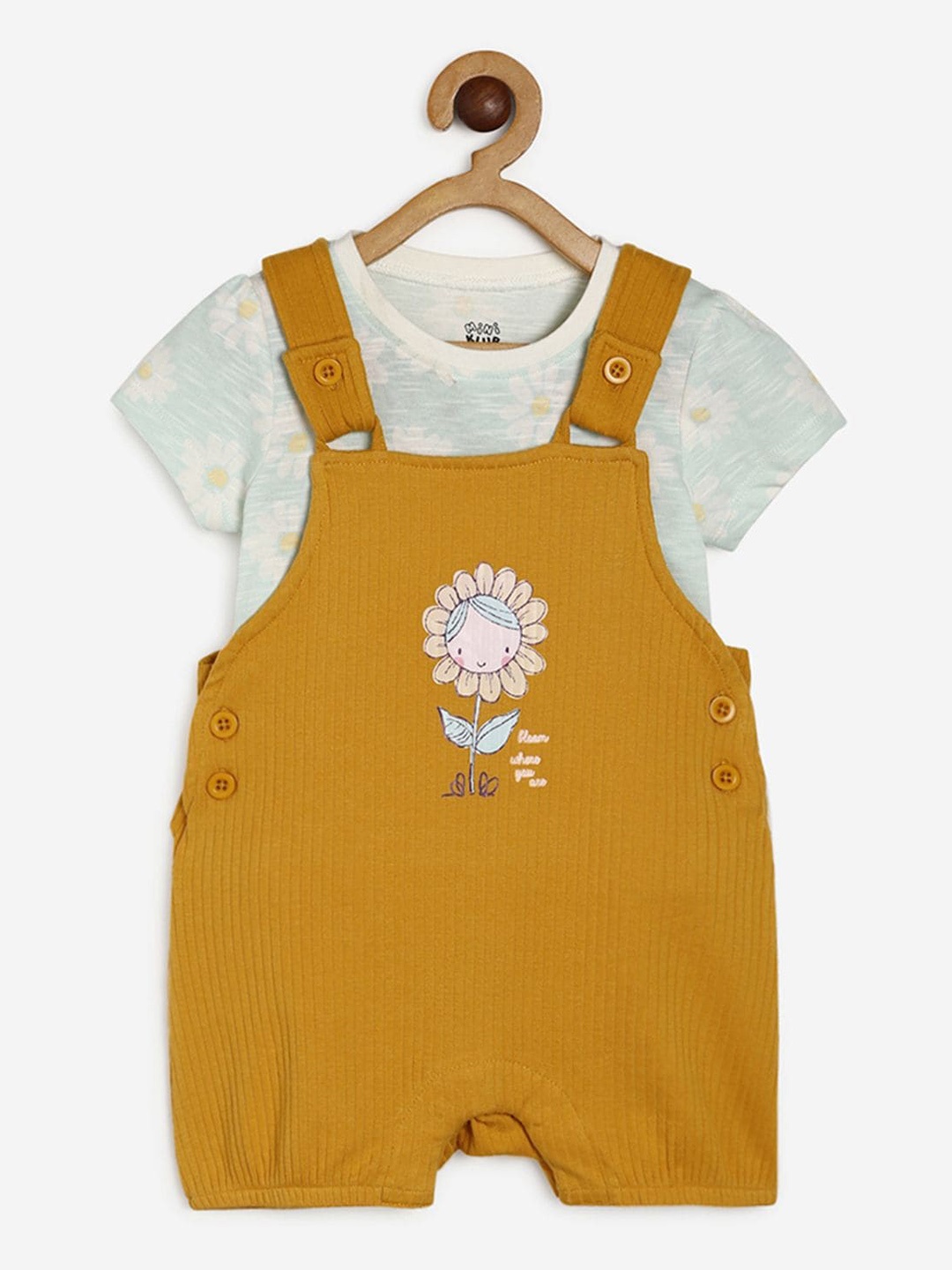 

MINI KLUB Girls Sea Green & Mustard Printed Pure Cotton T-shirt with Dungaree